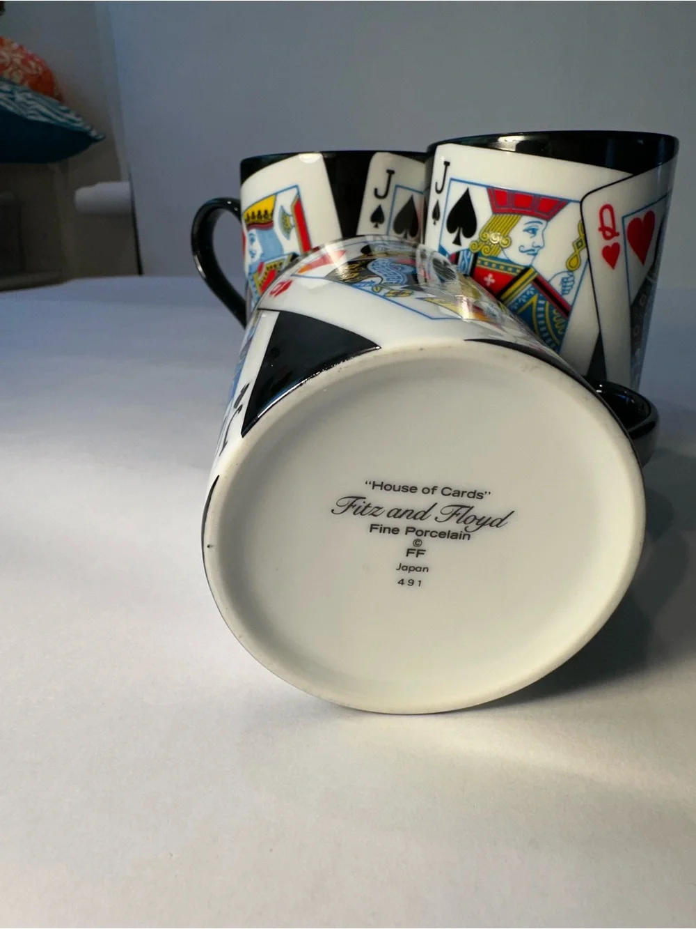 Fitz and Floyd Playing Card Ceramic Mug Set — White Exteriors, Black Interiors